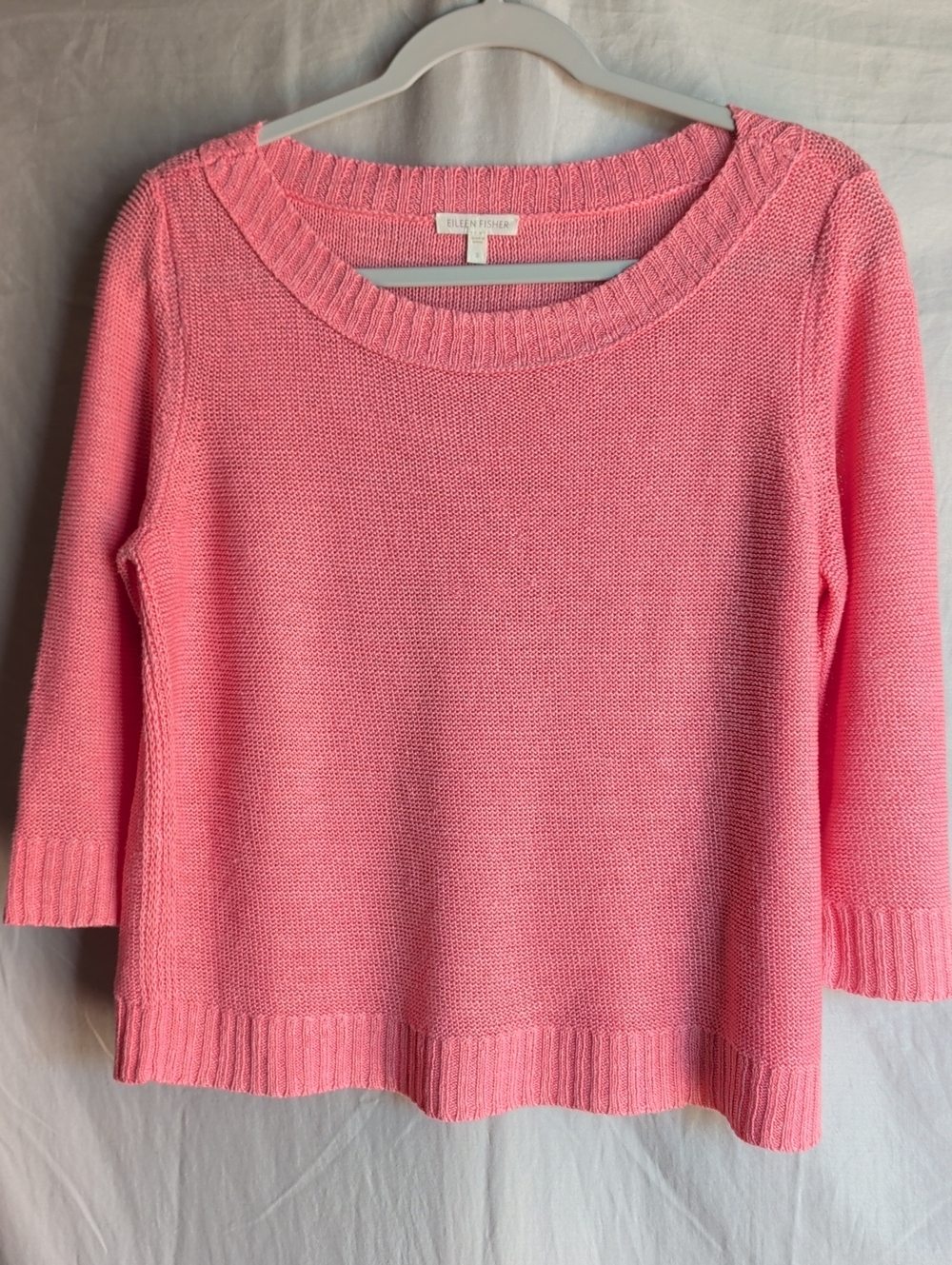 Eileen Fisher Linen Coral Pink Crewneck Knit Sweater 3/4 Sleeve Lagenlook Staple